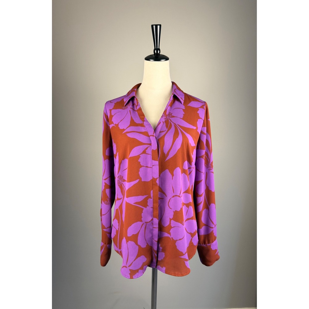 Liz Claiborne Blouse Floral Recycled Polyester Medium Purple Rust Orange Casual